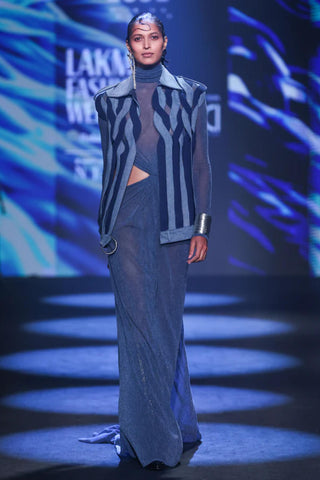 Low Waisted Gown Evening Wear - Blue Slub Gown by Essé