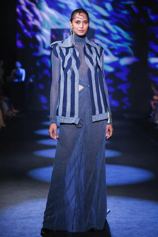 Low Waisted Gown Evening Wear - Blue Slub Gown by Essé