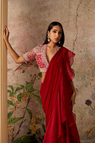 Red belle era saree set