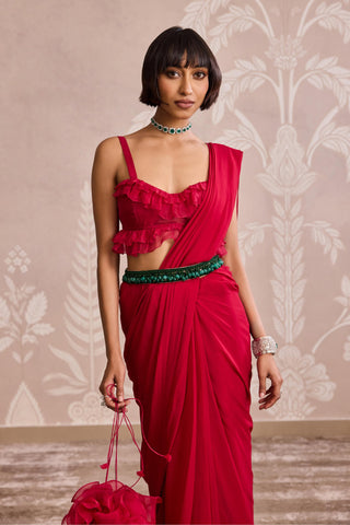 Red ever after ruffled saree set with belt