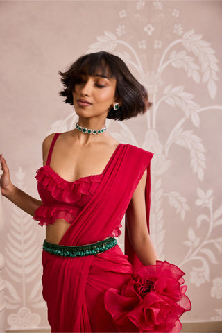 Red ever after ruffled saree set with belt