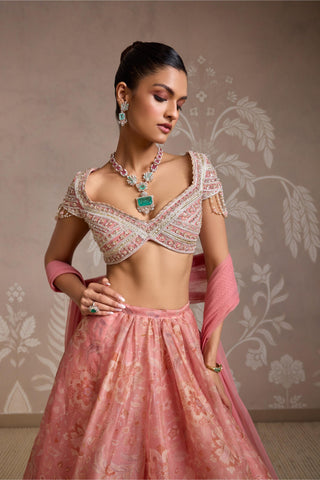 Pink folds blouse with lehenga