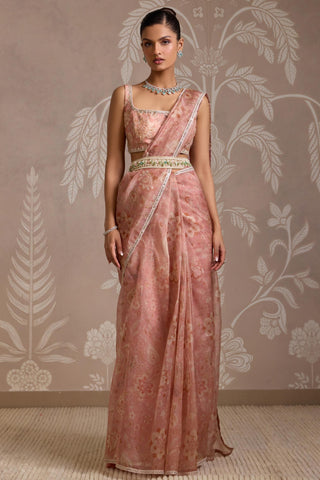 Pink folds saree with embroidered belt