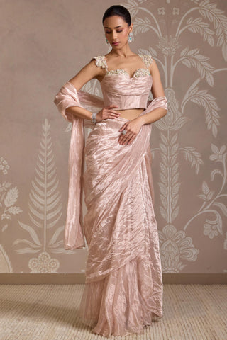 Pink folds stitched ruffled saree