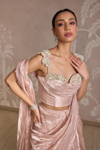 Pink folds stitched ruffled saree