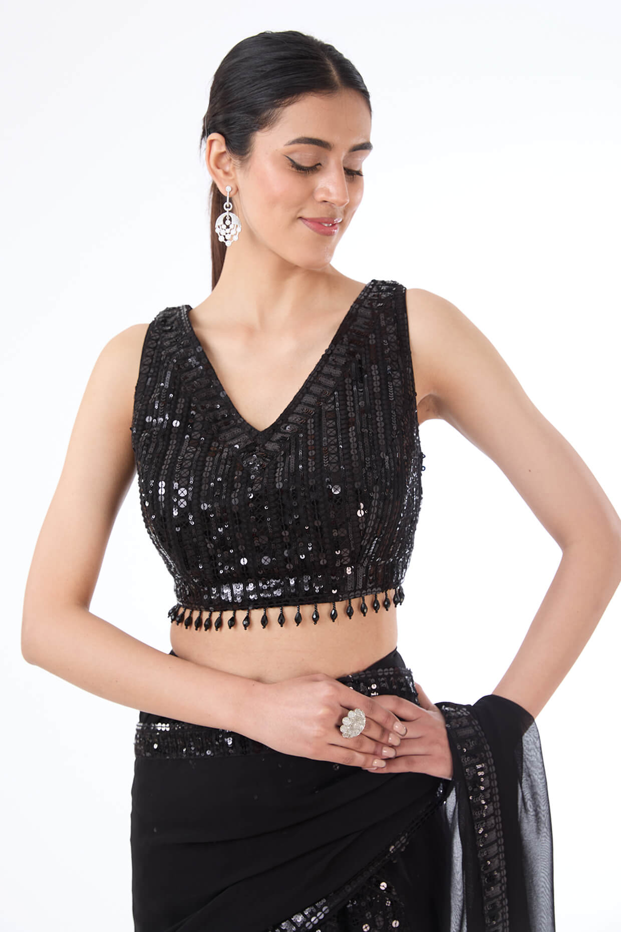 Adha black lehenga saree set