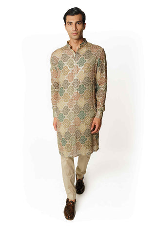 Green multicolor bandhini kurta and pants