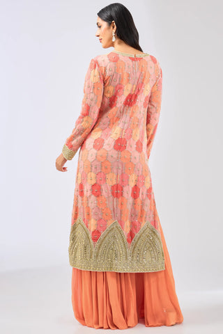 Orange multicolor bandhaini kurta with palazzo and dupatta