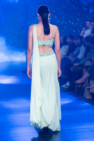 Aqua blue embroidered stitched saree set