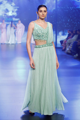 Aqua blue embroidered stitched saree set