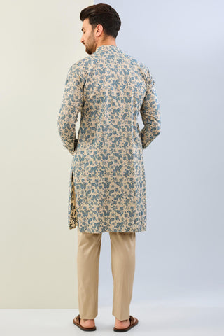 Beige with blue thread embroidered moonga silk kurta with cotton silk pant