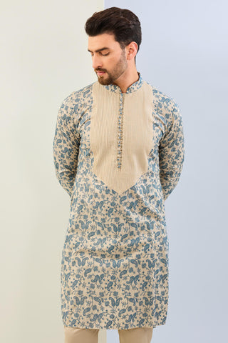 Beige with blue thread embroidered moonga silk kurta with cotton silk pant