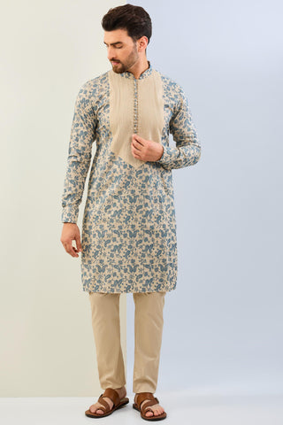 Beige with blue thread embroidered moonga silk kurta with cotton silk pant