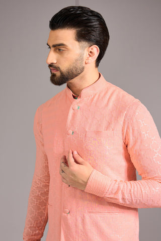 Peach sequin jaal bundi kurta set