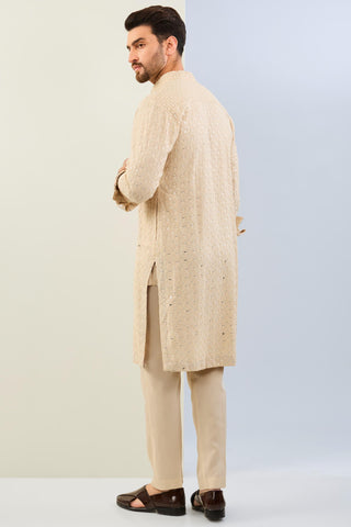 Cream leaf embroidered kurta print detailing with matching cotton silk pant