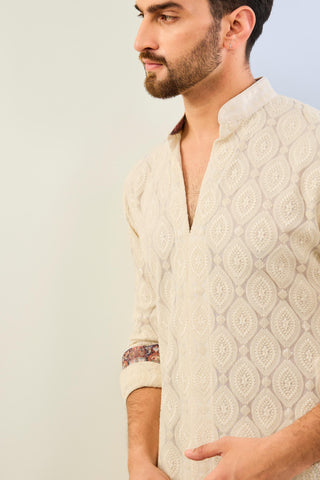 Ivory georgette embroidered kurta print detailing with match cotton silk pant