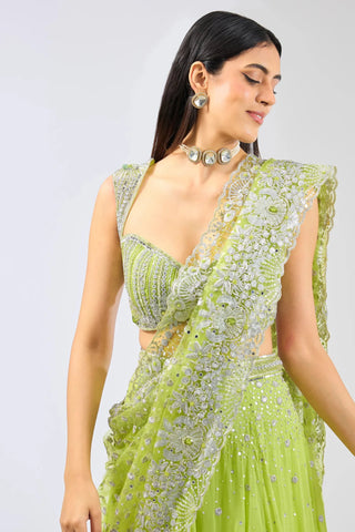 Green hand embroidered lehenga set