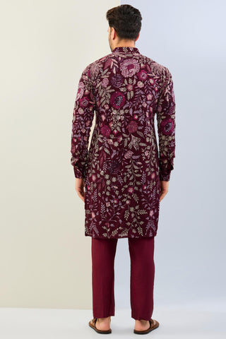 Oxblood georgette embroidered kurta with cotton silk pant