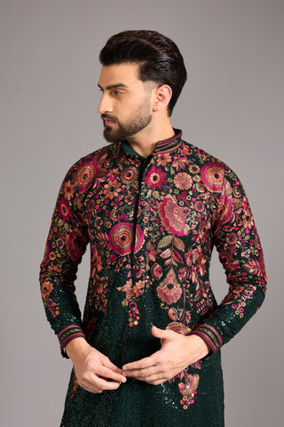 Green with multicolored thread kurta set