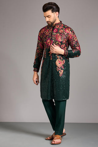 Green with multicolored thread kurta set