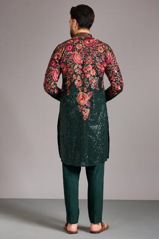 Green with multicolored thread kurta set