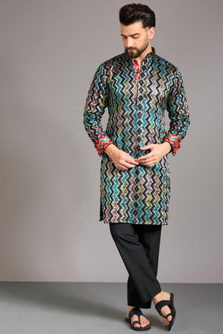 Black silk bandhini zig zag kurta set