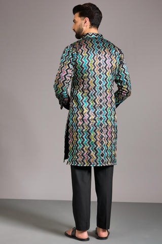 Black silk bandhini zig zag kurta set