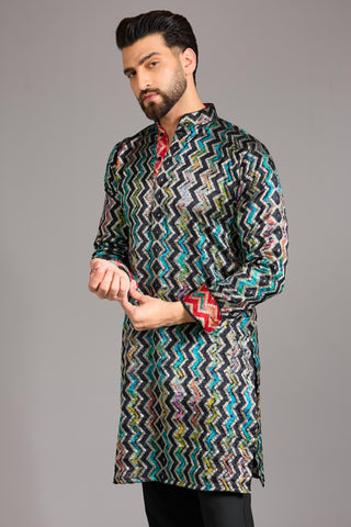 Black silk bandhini zig zag kurta set