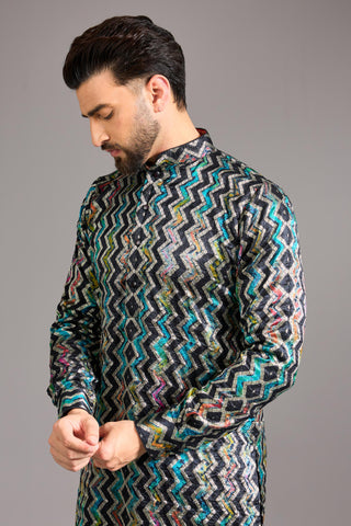 Black silk bandhini zig zag kurta set