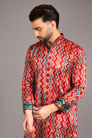Red silk bandhini zig zag kurta set