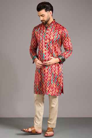 Red silk bandhini zig zag kurta set