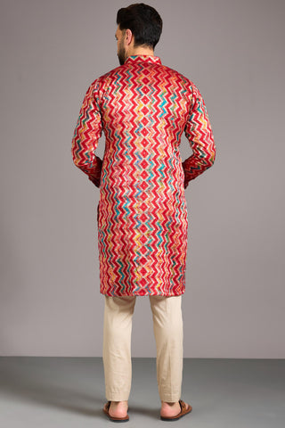 Red silk bandhini zig zag kurta set