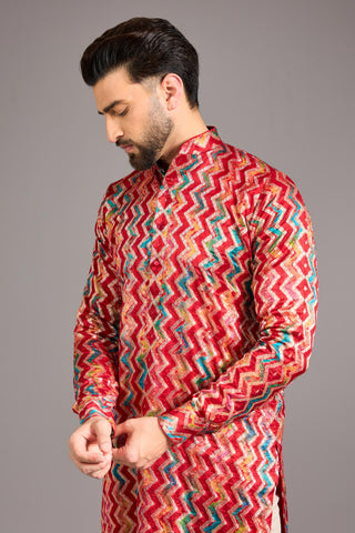 Red silk bandhini zig zag kurta set