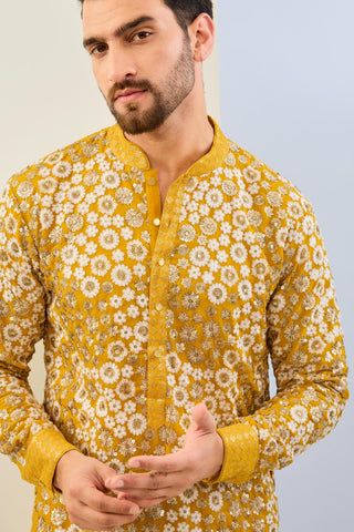 Haldi yellow sequin work lined kurta with matching cotton silk pant