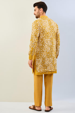 Haldi yellow sequin work lined kurta with matching cotton silk pant