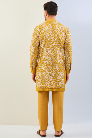 Haldi yellow sequin work lined kurta with matching cotton silk pant