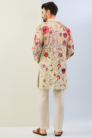 Offwhite georgette embroidered kurta with cotton silk pant