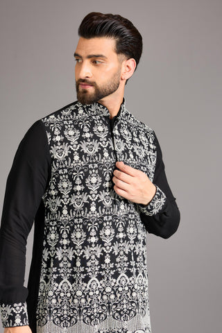 Black with white thread short kurta set