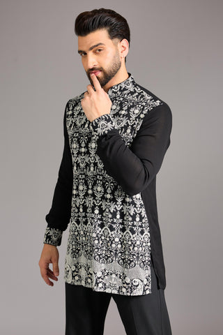 Black with white thread short kurta set
