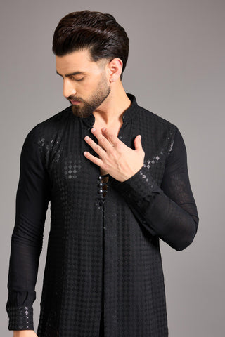 Black sequin grid jaal kurta set