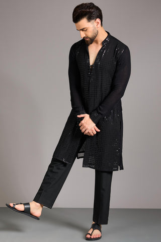 Black sequin grid jaal kurta set