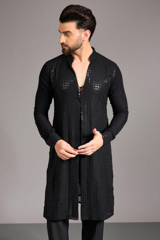 Black sequin grid jaal kurta set