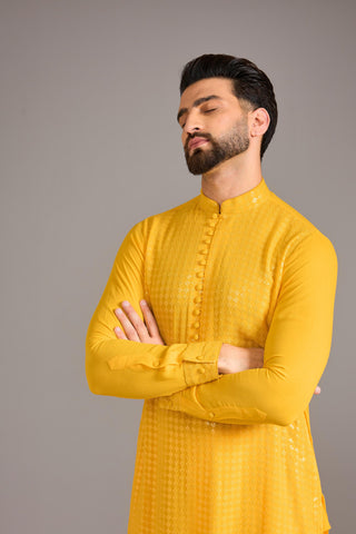 Yellow sequin grid kurta set