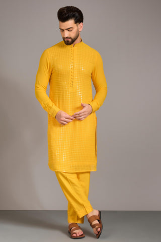 Yellow sequin grid kurta set