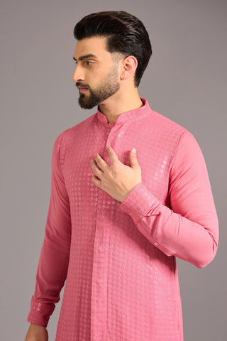 Pink sequin grid jaal kurta set