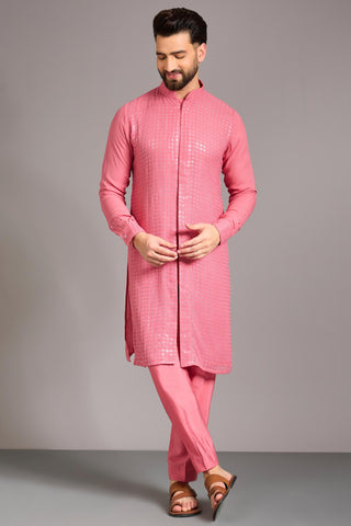 Pink sequin grid jaal kurta set