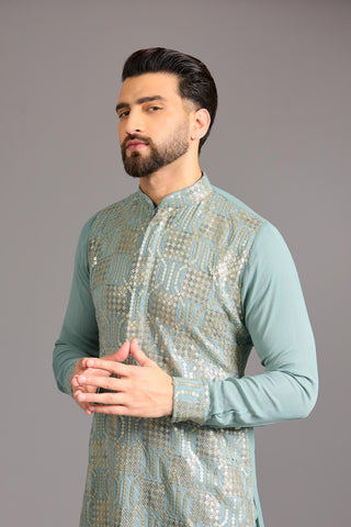 Green sequin square box kurta set