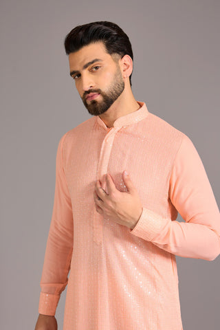 Peach sequin and zari embroidered kurta set