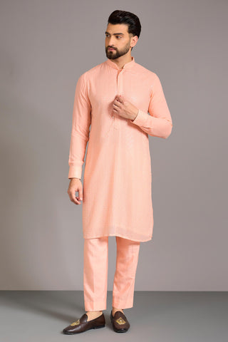 Peach sequin and zari embroidered kurta set