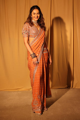 Orange Saree for Indian Wedding – Orange Blouse with Flat Saree by Ridhi Mehra